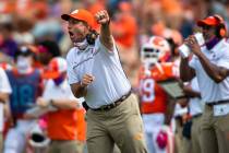 In this Oct. 24, 2020, file photo, Clemson head coach Dabo Swinney reacts on the sidelines duri ...