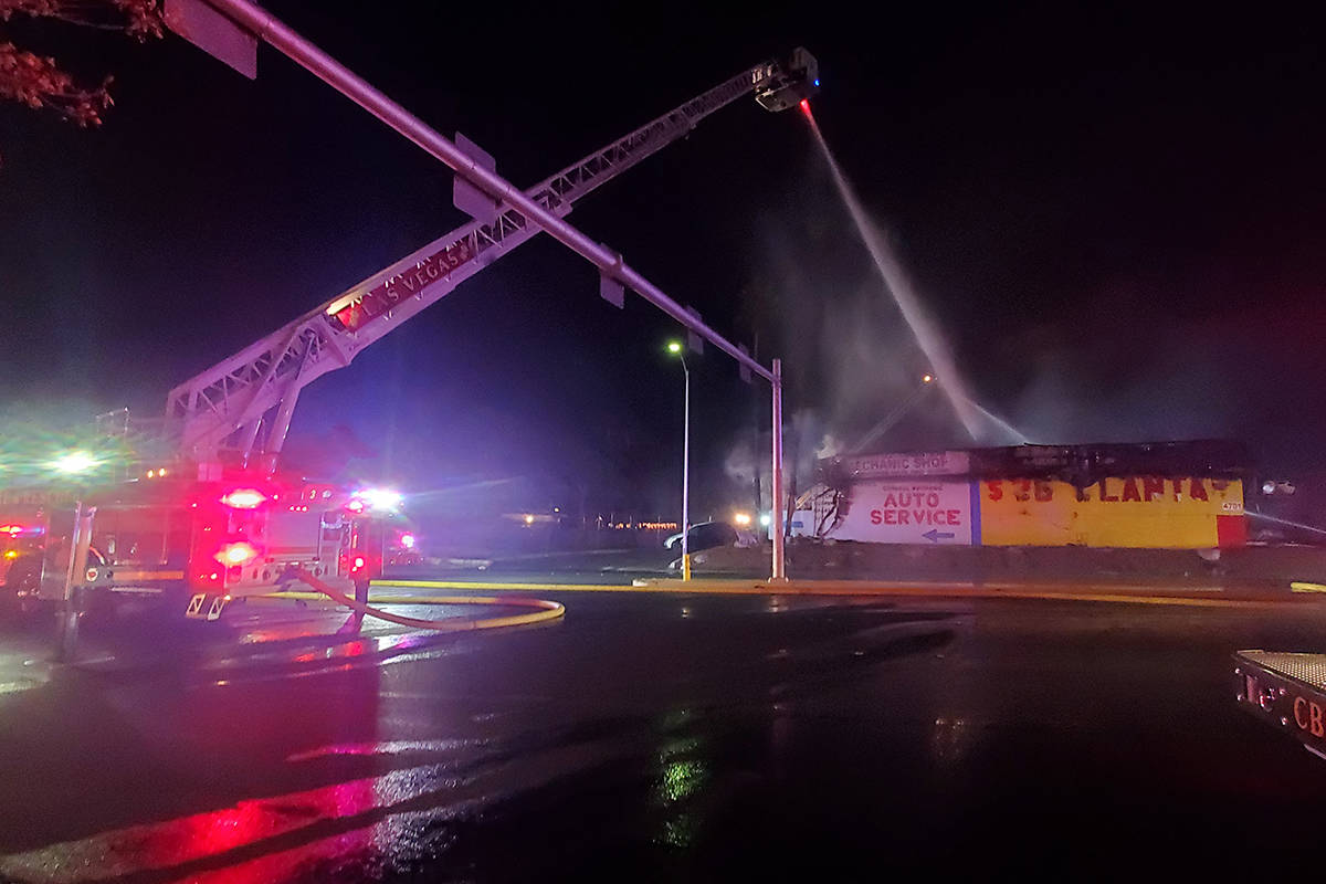 The Las Vegas Fire Department responds to a tire shop fire at Meadows Lane and Decatur Boulevar ...