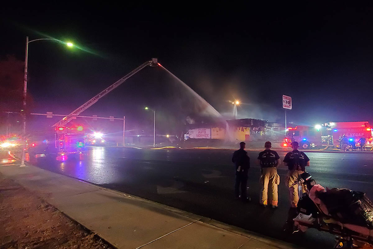 The Las Vegas Fire Department responds to a tire shop fire at Meadows Lane and Decatur Boulevar ...