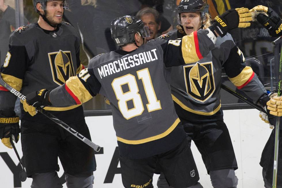 Vegas Golden Knights center William Karlsson (71) celebrates his first period goal with Vegas G ...