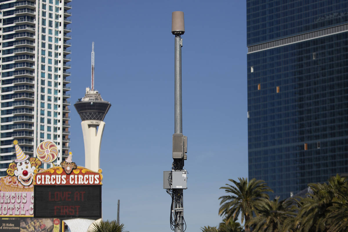 A small cell site is installed on a pole on Las Vegas Boulevard south of Sahara Avenue on Frida ...