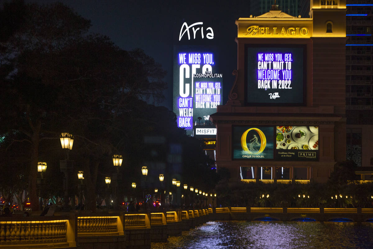 Marquees at Bellagio, Cosmopolitan and Aria memorialize CES, which would have started on Monday ...