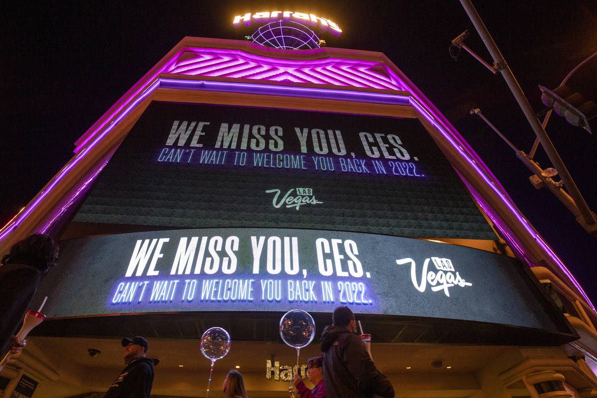 The marquee at Harrah's memorializes CES, which would have started on Monday but is moved onlin ...