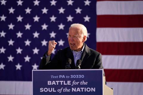 Joe Biden speaks at a rally at Community College of Beaver County, Monday, Nov. 2, 2020, in Mon ...