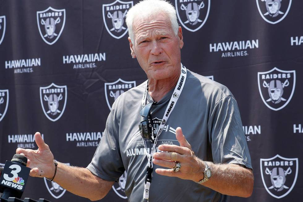 Former NFL football player Phil Villapiano speaks at a news conference as part of Oakland Raide ...