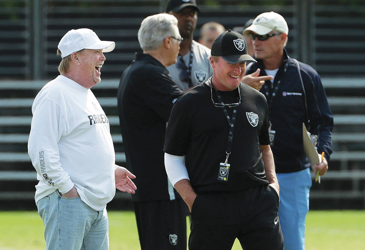 Oakland Raiders owner Mark Davis, left, laughs with head coach Jon Gruden during NFL football p ...