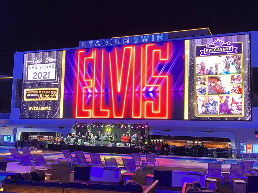 The iconic ELVIS brand is shown during Zowie Bowie's New Yearճ Eve show and CBS broadcast at S ...