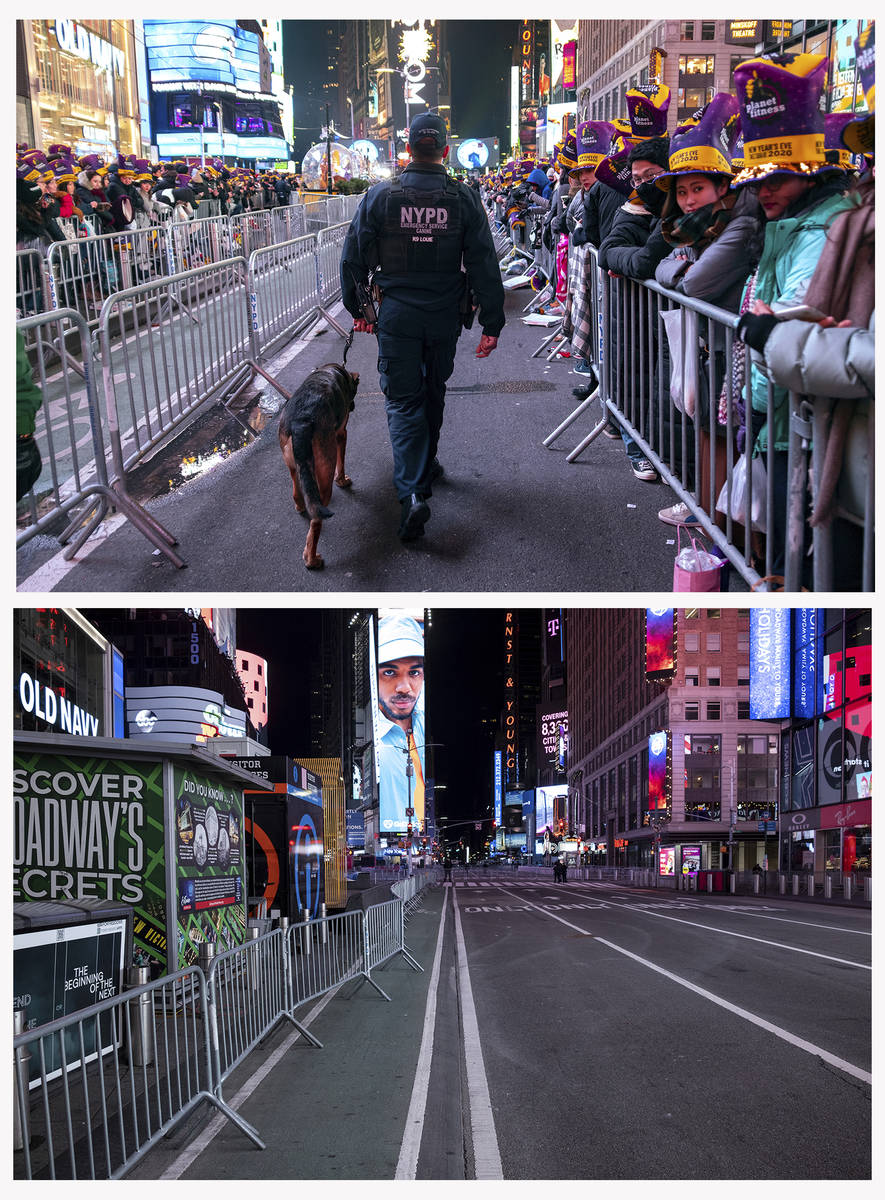 On top, a NYPD K-9 officer walks with his dog along Seventh Avenue in Times Square on Dec. 31, ...