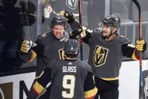 In this Nov. 19, 2019, file photo,Vegas Golden Knights right wing Mark Stone (61) celebrates hi ...