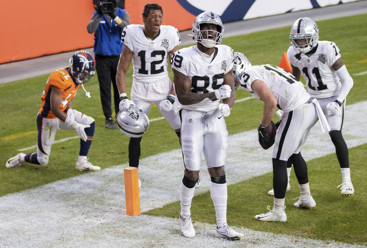 Raiders wide receiver Bryan Edwards (89) celebrates after scoring a touchdown in the second qua ...