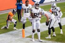 Raiders wide receiver Bryan Edwards (89) celebrates after scoring a touchdown in the second qua ...