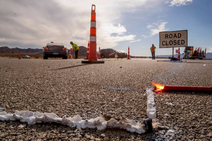 Traffic is redirected at the Nelson road cutoff as the Nevada Highway Patrol works the scene of ...