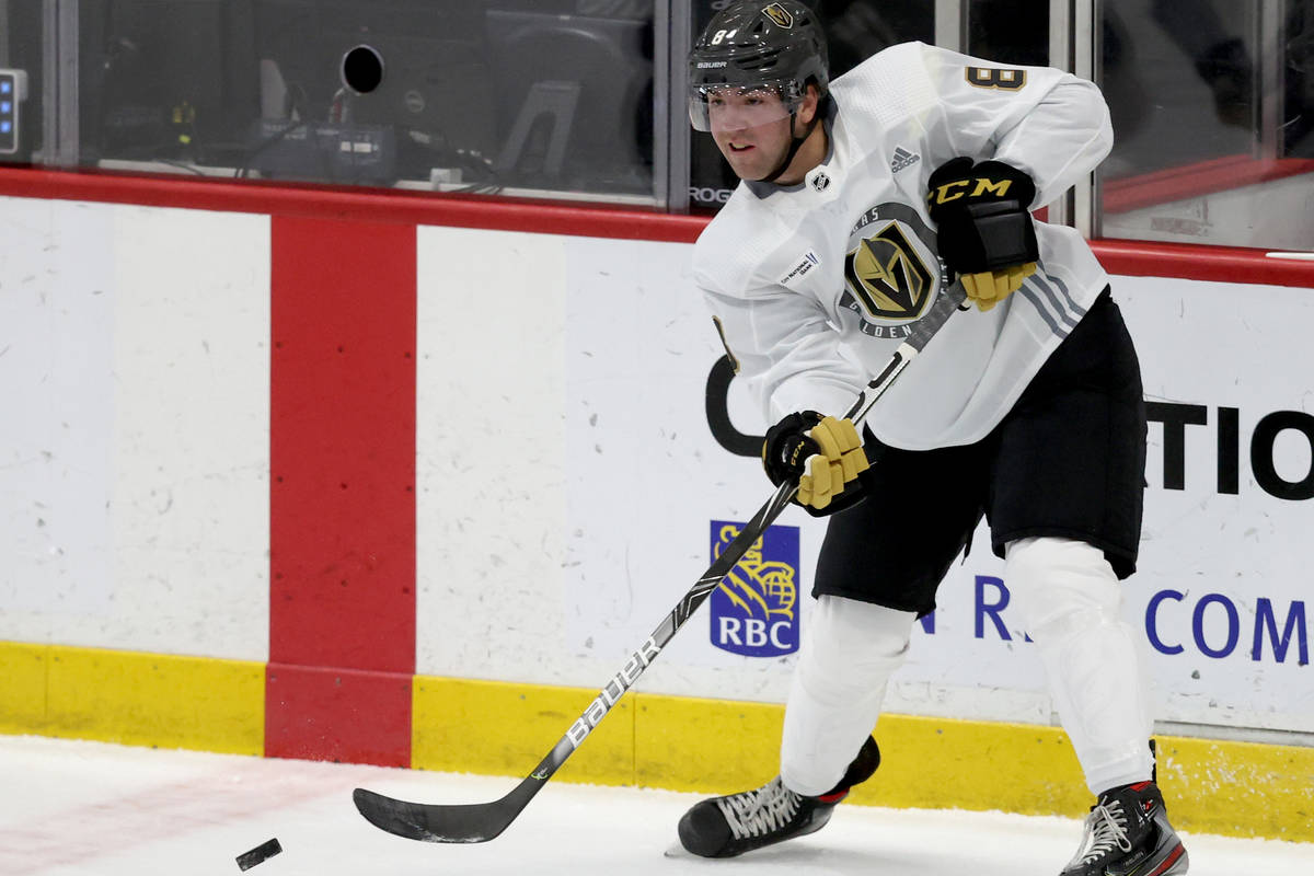 Golden Knights forward Jack Dugan (8) on the first day of training camp at City National Arena ...