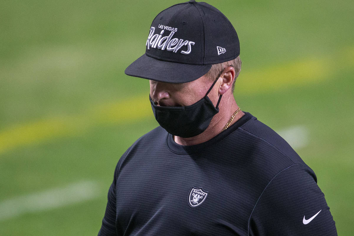 Raiders head coach Jon Gruden leaves the field after his team lost an NFL football game to the ...
