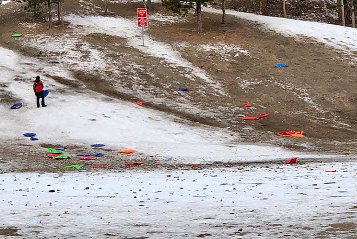 Plastic sleds and trash litter the sledding hills at Mount Charleston on Monday, Jan. 4, 2021. ...