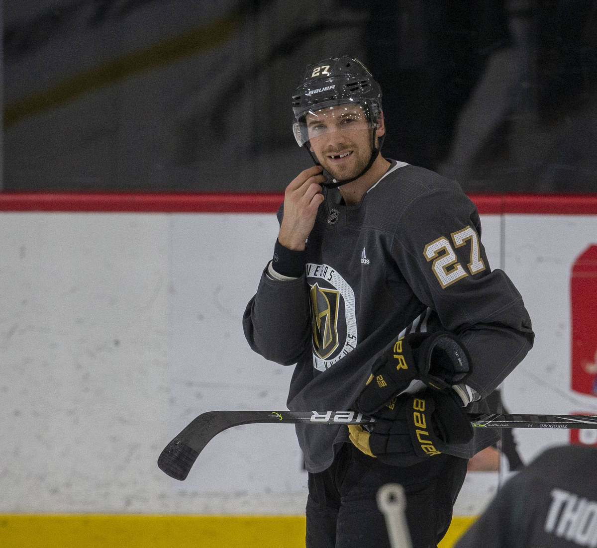 Golden Knights defenseman Shea Theodore (27) during training camp on Wednesday, Jan. 6, 2021, a ...
