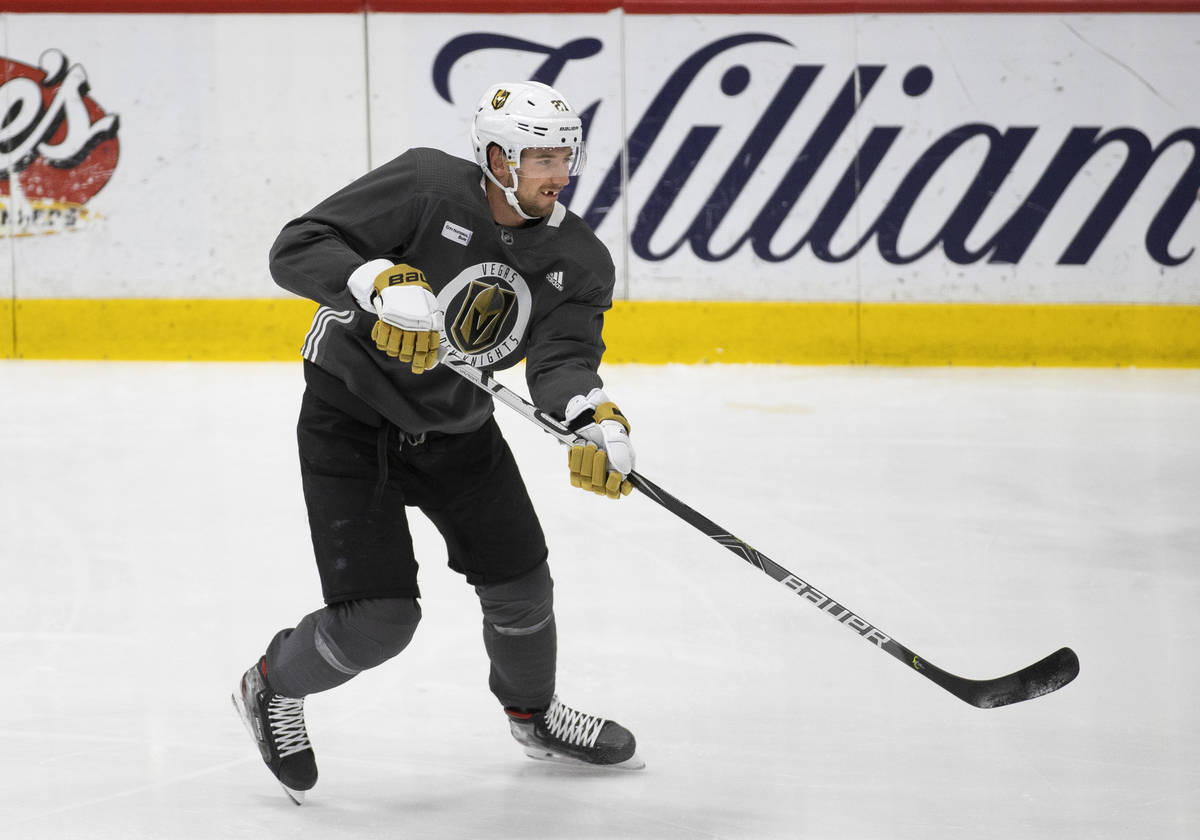 Golden Knights defenseman Shea Theodore (27) participates in practice at City National Arena on ...