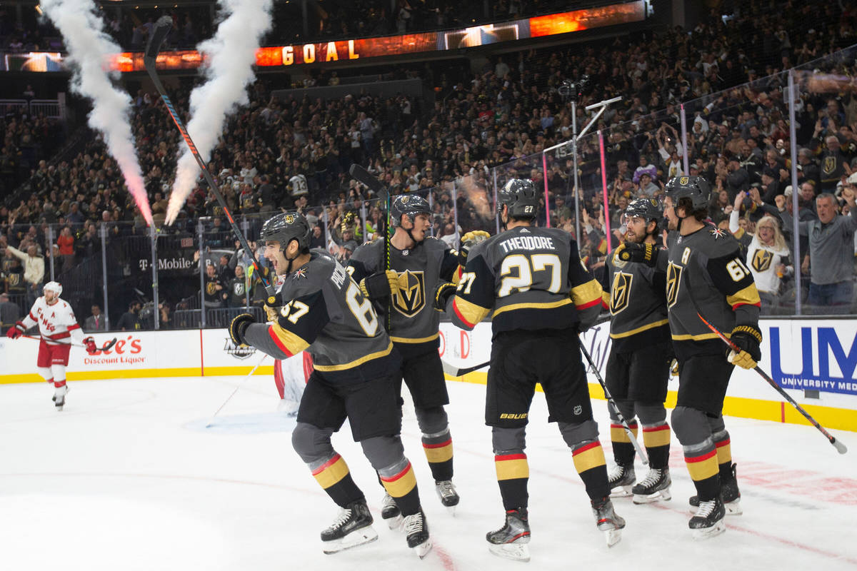 Vegas Golden Knights left wing Max Pacioretty (67) celebrates with teammates after scoring a fi ...