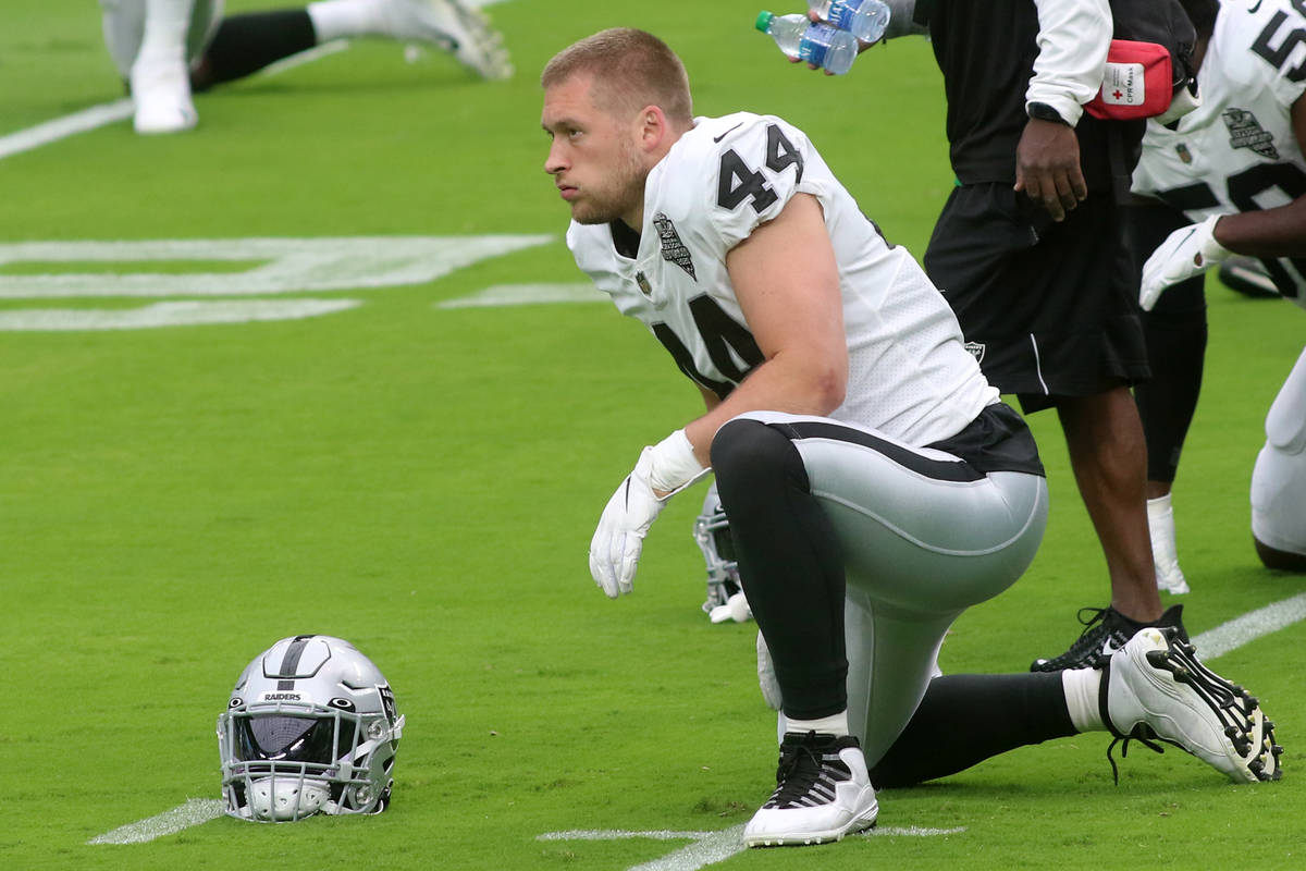 Las Vegas Raiders linebacker Nick Kwiatkoski (44) stretches during a team practice at Allegiant ...
