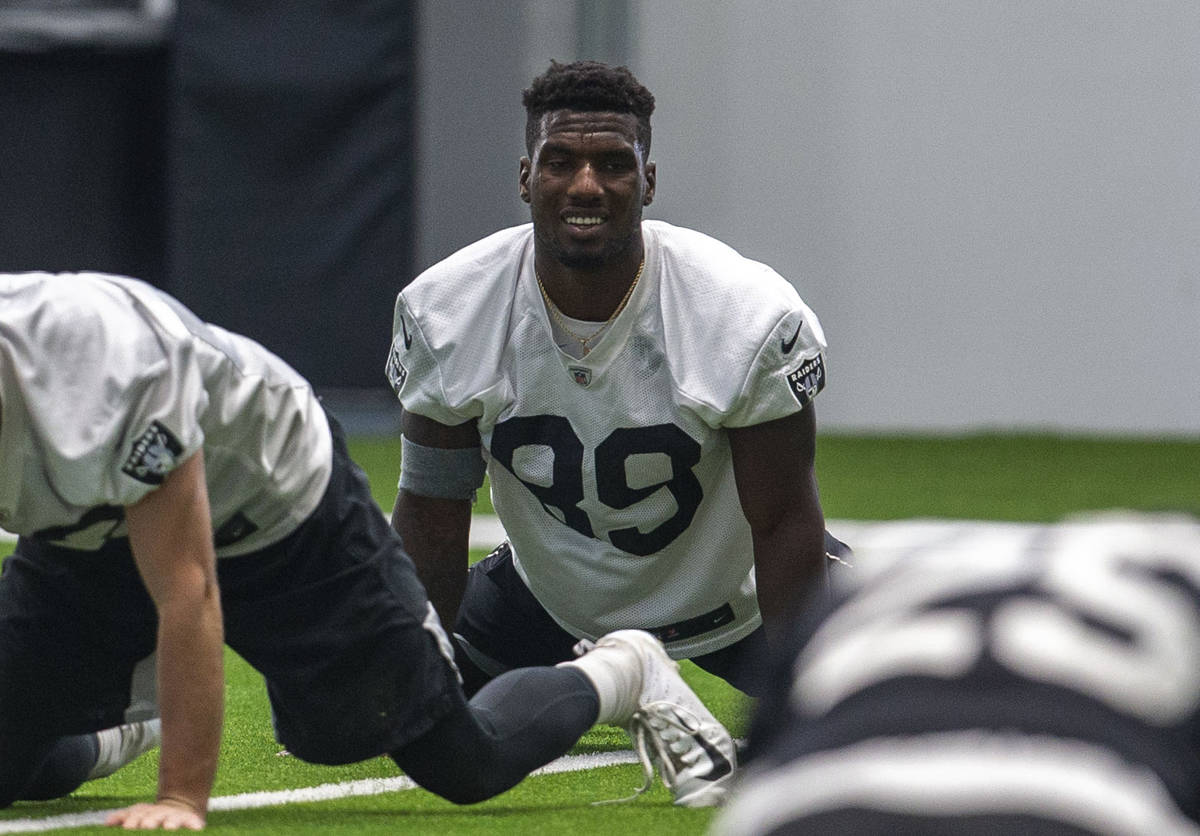 Las Vegas Raiders wide receiver Bryan Edwards (89) stretches during a practice session at the I ...