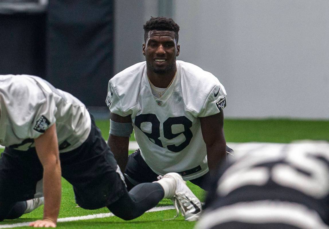 Las Vegas Raiders wide receiver Bryan Edwards (89) stretches during a practice session at the I ...