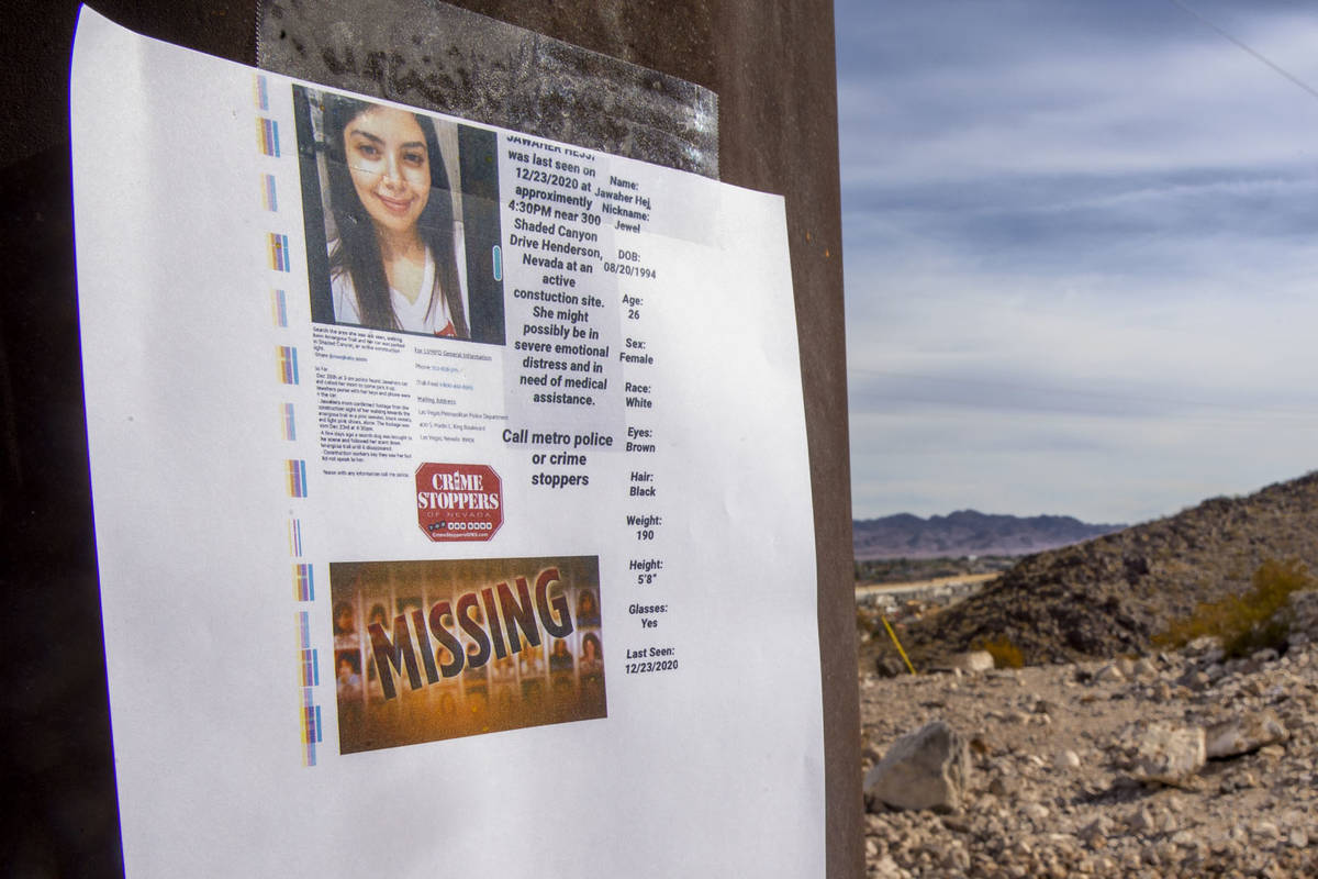 A missing flyer posted for Jawaher Hejji on the Amargosa Trail where she was reported missing a ...