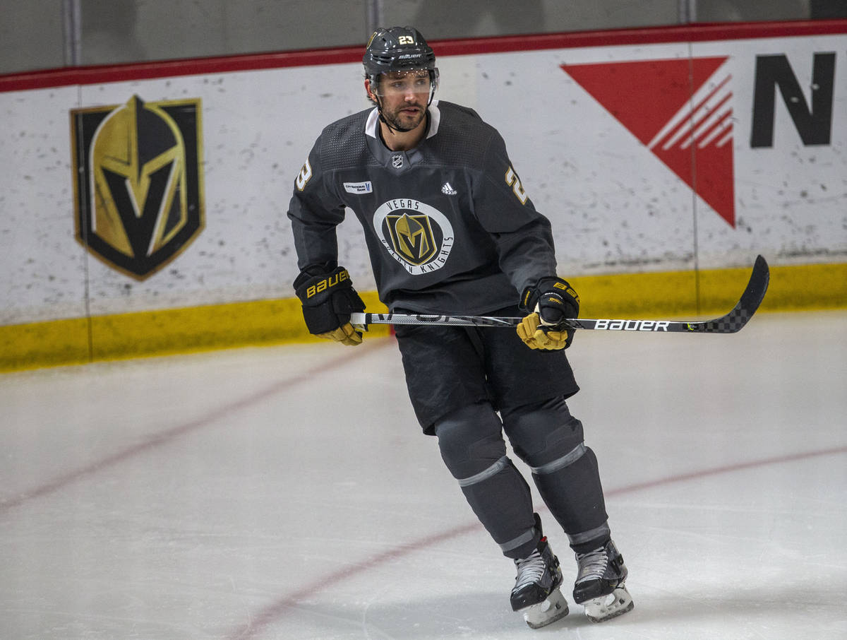 Golden Knights defenseman Alec Martinez (23) skates during training camp on Wednesday, Jan. 6, ...