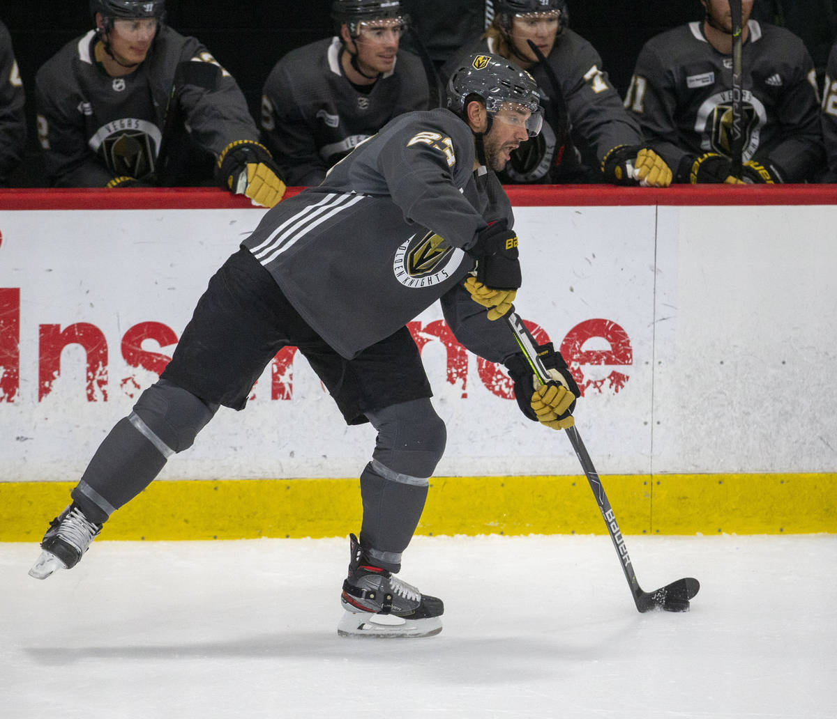 Golden Knights defenseman Alec Martinez (23) shoots the puck on the ice during training camp on ...