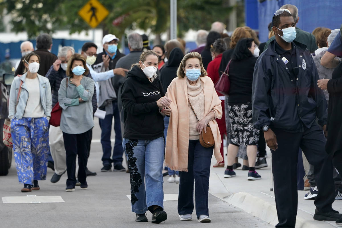 FILE - In this Jan. 6, 2021, file photo, people arrive at Jackson Memorial Hospital to receive ...