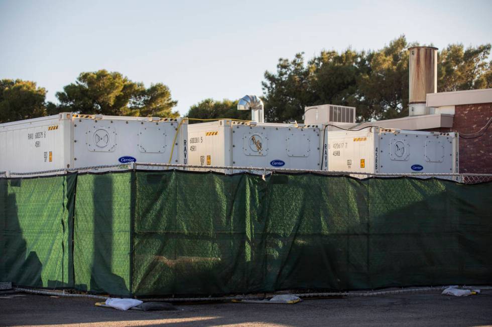 Three large refrigerated units designed to hold bodies, on loan to Davis Funeral Homes from the ...