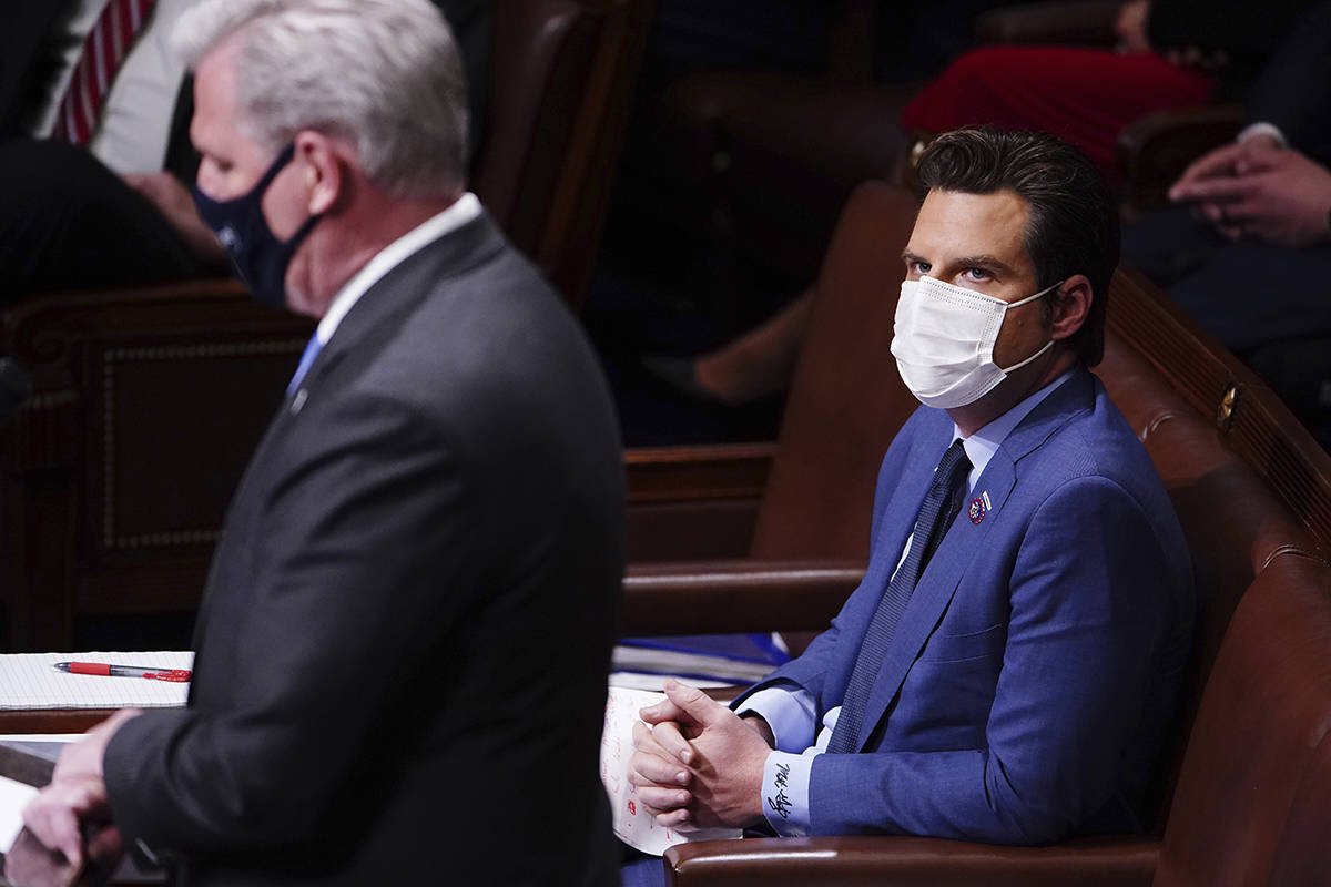 Rep. Matt Gaetz, R-Fla., right, listens as House Minority leader Kevin McCarthy of California s ...