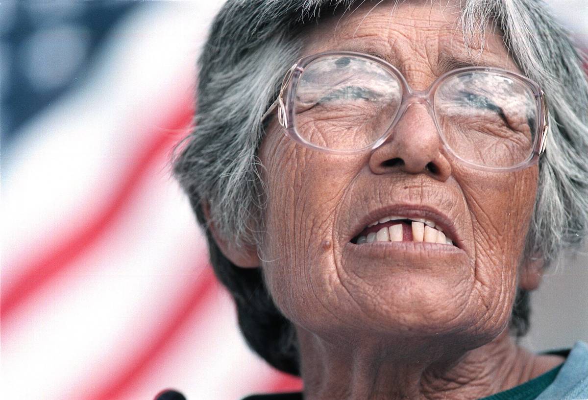 Rancher and Western Shoshone tribal member Carrie Dann of Crescent Valley, Nev., speaks to a gr ...