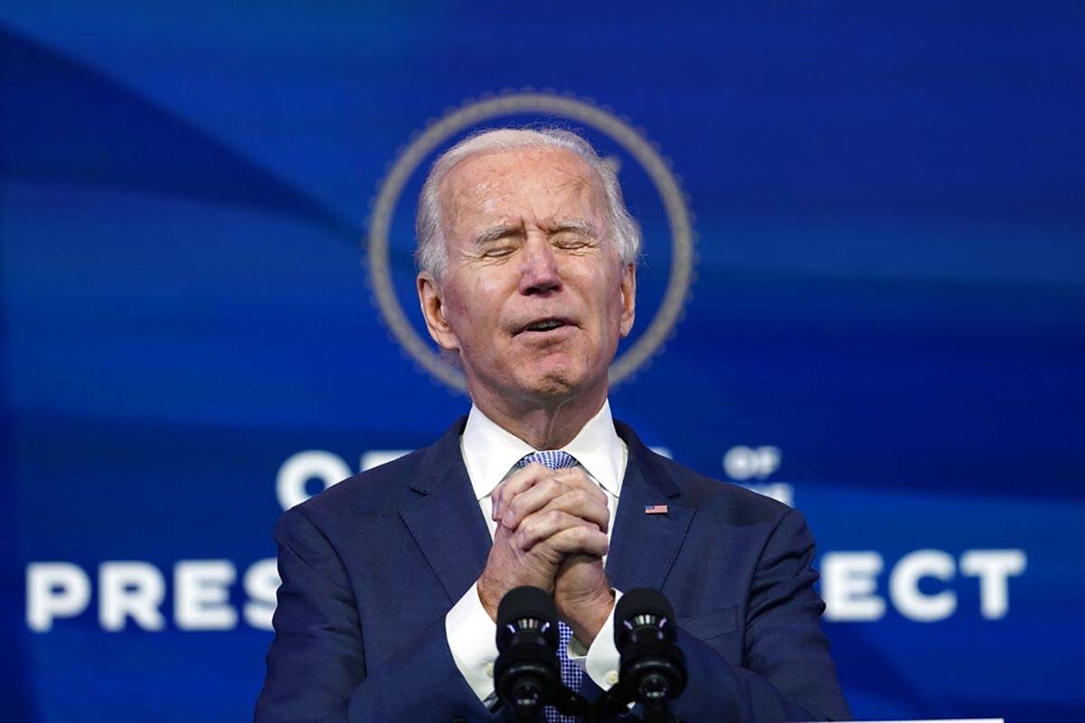 President-elect Joe Biden speaks at The Queen theater in Wilmington, Del., Wednesday, Jan. 6, 2 ...