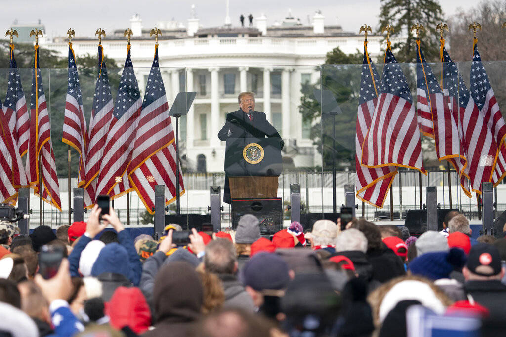 President Donald Trump speaks during a rally protesting the electoral college certification of ...
