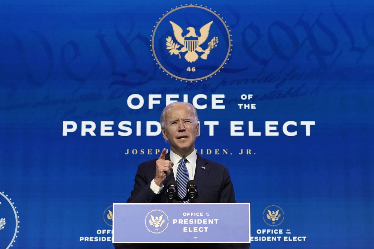 President-elect Joe Biden speaks during an event at The Queen theater in Wilmington, Del., Thur ...