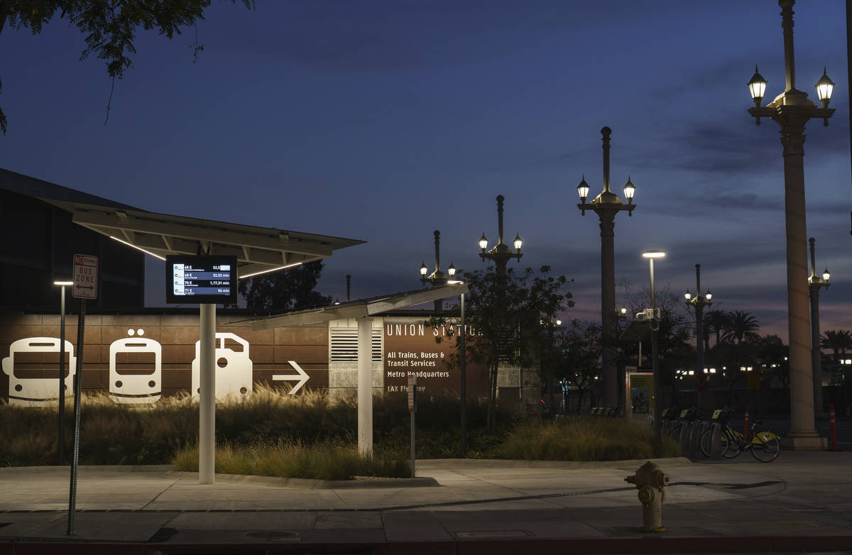 An empty Metro bus stops is seen next to Union Station in Los Angeles late afternoon Tuesday, J ...