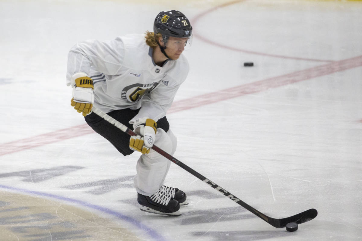 Golden Knights center William Karlsson (71) handles the puck during practice on Thursday, Jan. ...