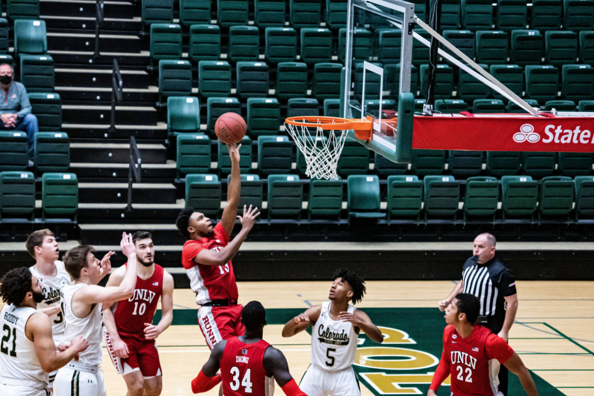 UNLV guard Bryce Hamilton goes up for a layup on Saturday at Colorado State. Photo courtesy of ...