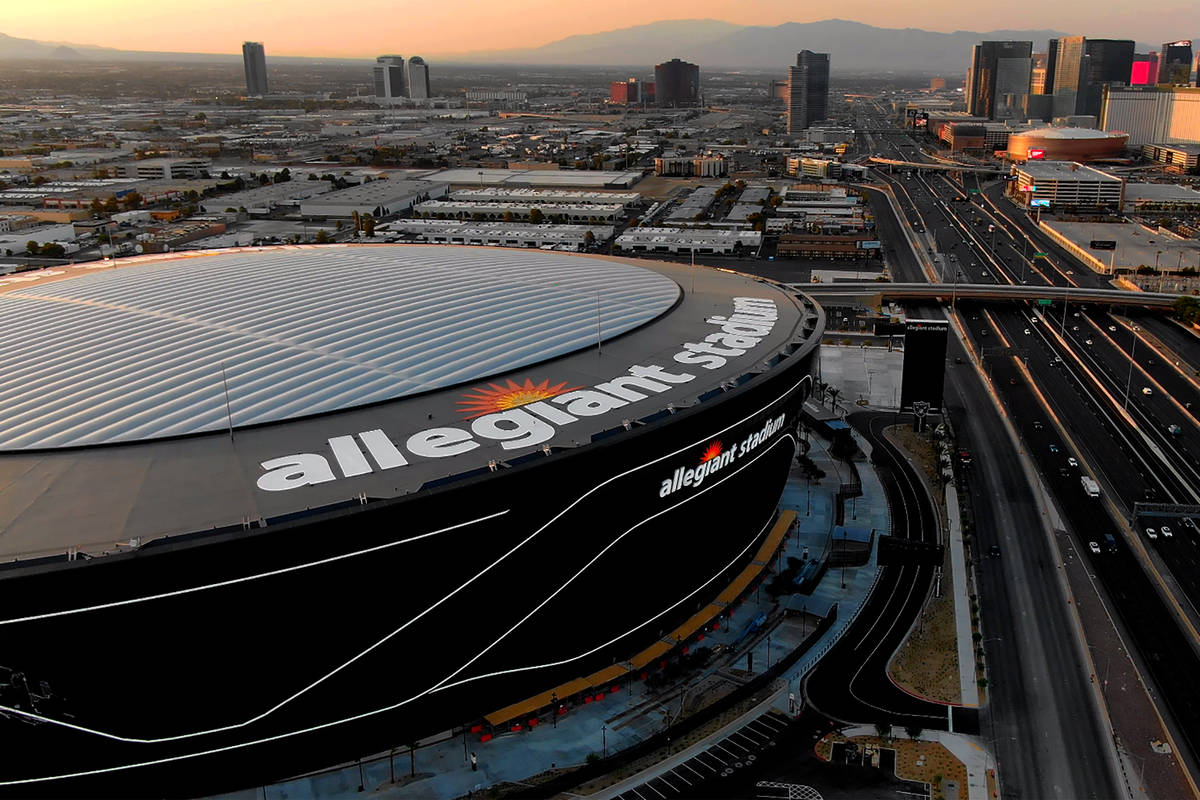 Aerial view of Allegiant Stadium and the Las Vegas Strip. (Michael Quine/Las Vegas Review-Journ ...