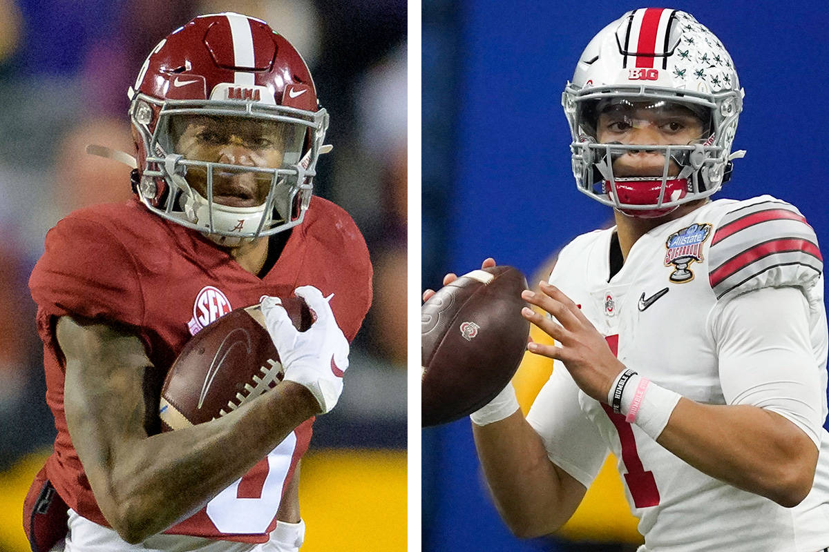 Alabama, with Heisman Trophy-winning wide receiver DeVonta Smith, left, will face quarterback J ...