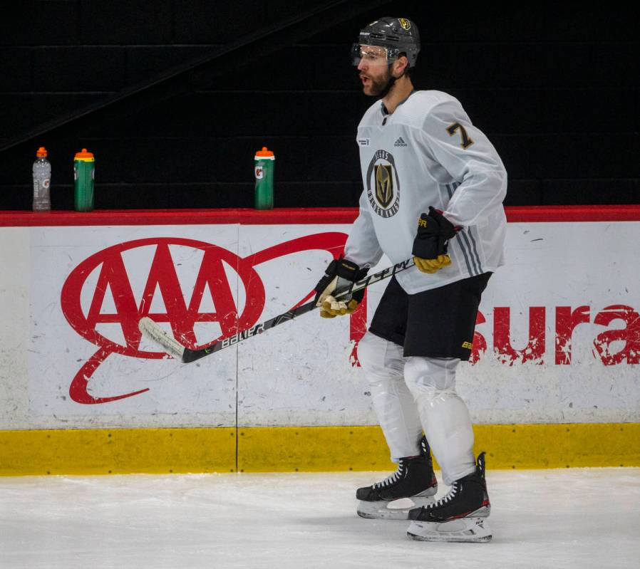Golden Knights defenseman Alex Pietrangelo (7) skates during training camp on Wednesday, Jan. 6 ...