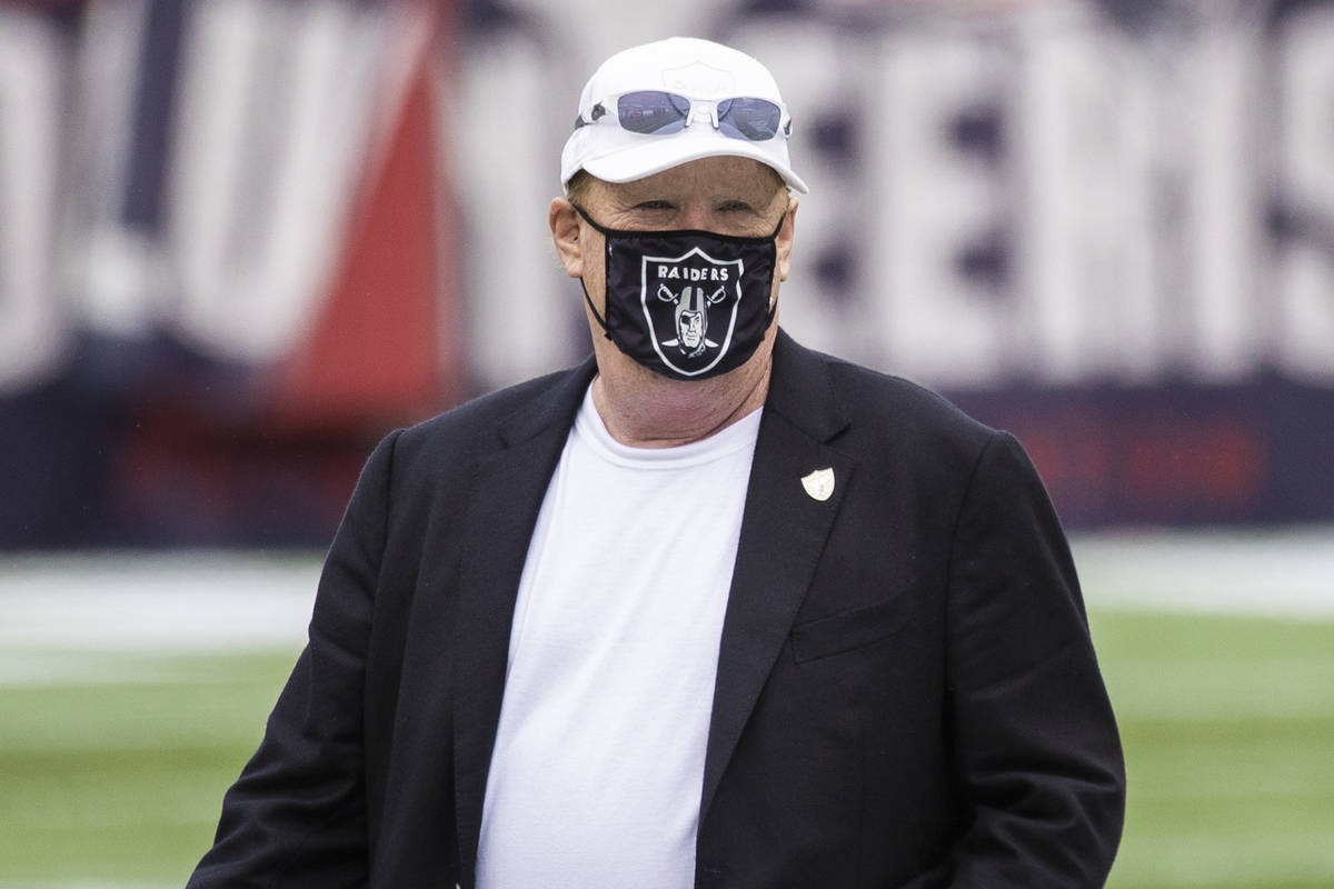 Las Vegas Raiders owner Mark Davis makes his rounds during warmups before the start of an NFL f ...