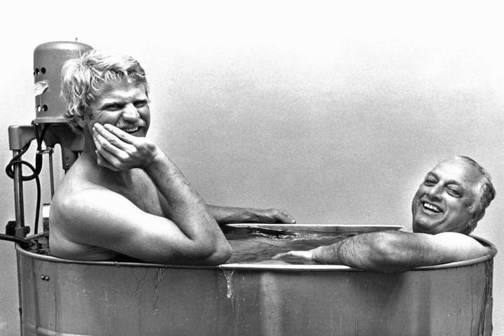 Las Vegas Aviators broadcaster and former Los Angeles Dodgers pitcher Jerry Reuss, left, shares ...