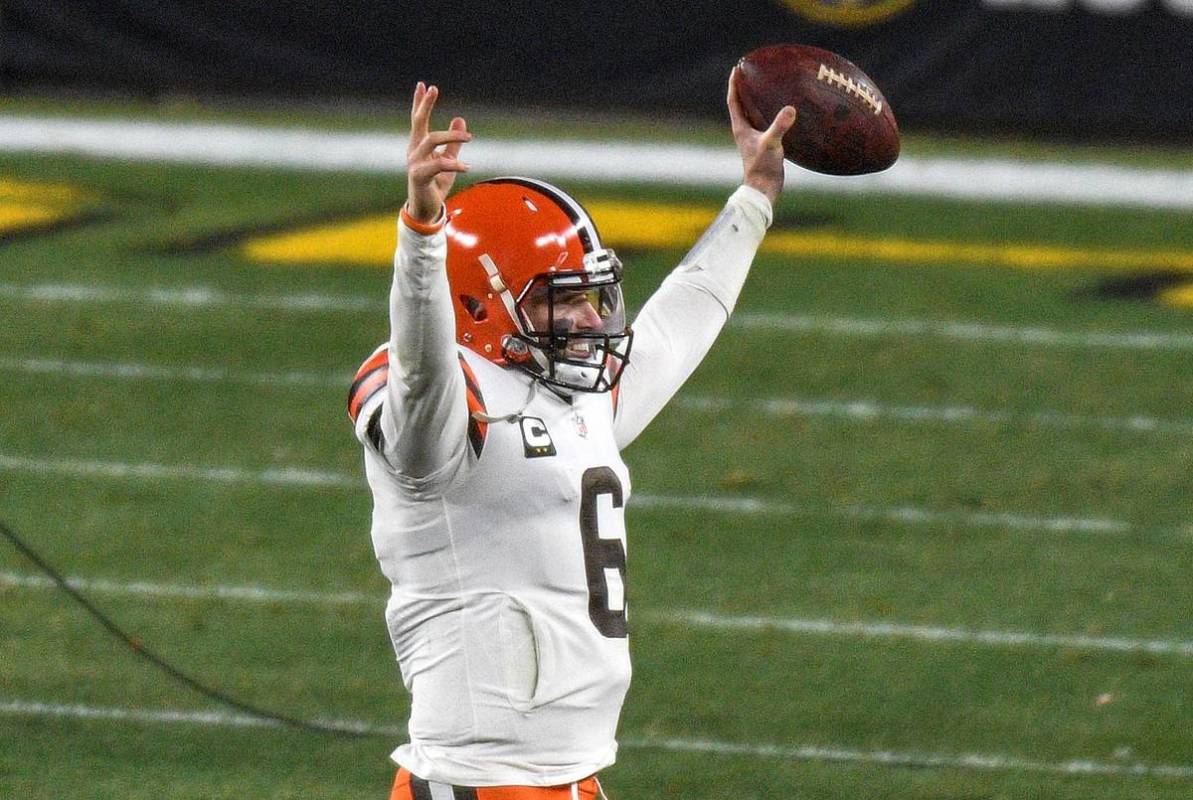 Cleveland Browns quarterback Baker Mayfield (6) celebrates as he walks off the field following ...