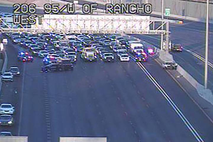 A Nevada Highway Patrol unit as U.S. 95 blocked for a vehicle collision about 7:05 a.m. Monday, ...