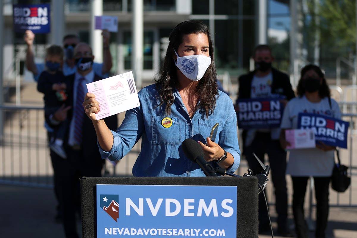 State Senator Yvanna Cancela, D-Las., speaks during a press conference to promote Democrats to ...