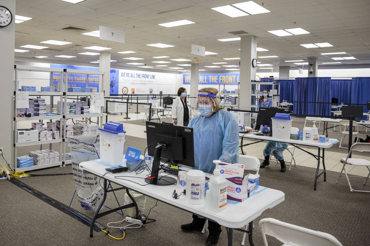 FILE - In this Friday, Jan. 8, 2021, file photo, health care workers prepare to give COVID-19 v ...