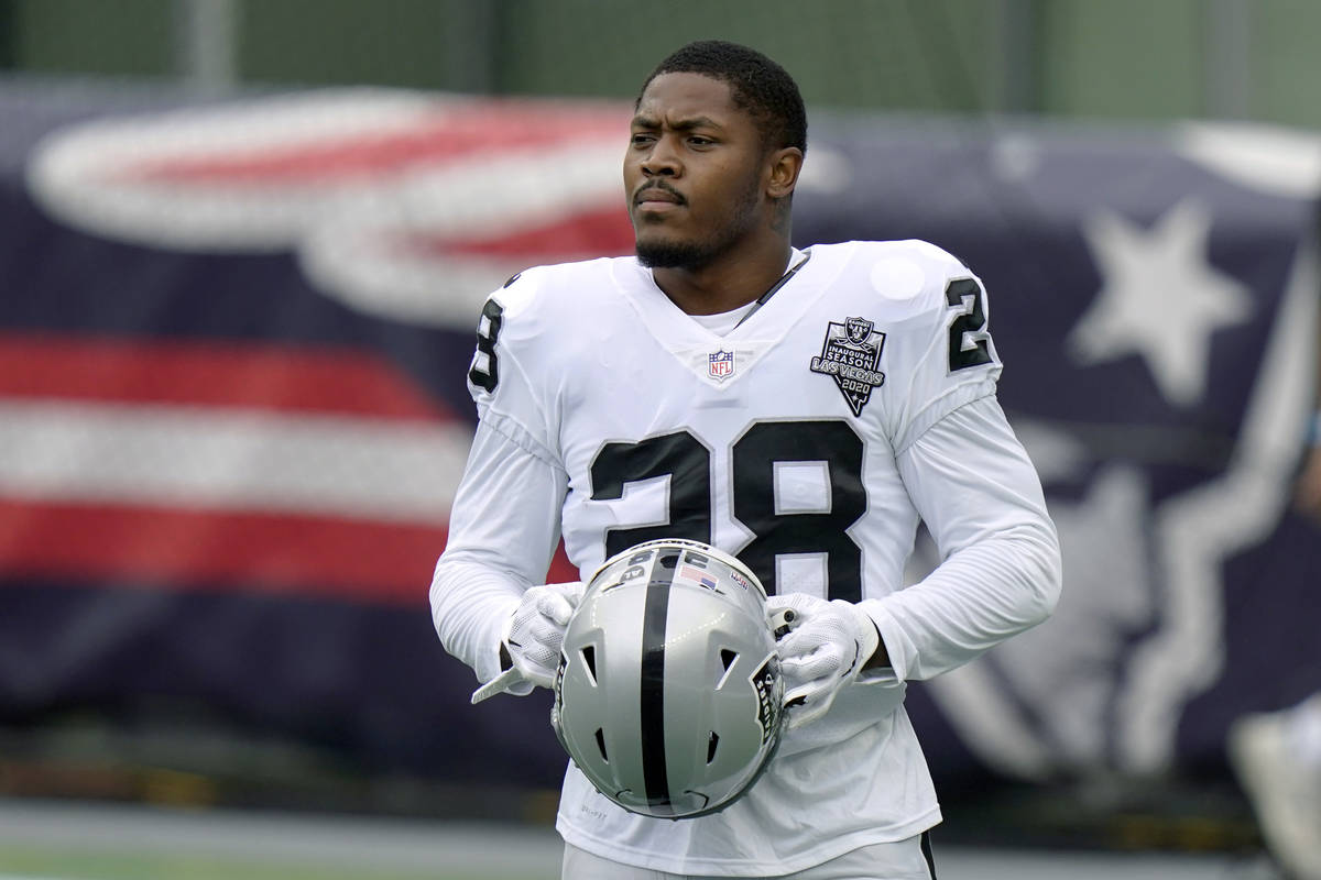 FILE - In this Sept. 27, 2020, file photo, Las Vegas Raiders running back Josh Jacobs pauses as ...