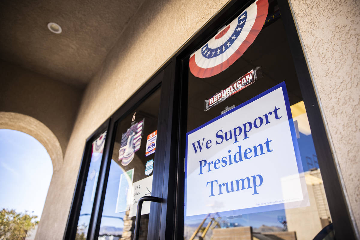 Signage outside the Nye County Republican Central Committee office on Monday, Jan. 11, 2021, in ...