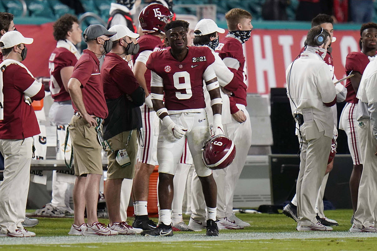 Alabama defensive back Jordan Battle reacts as he leaves the game after a targeting call agains ...